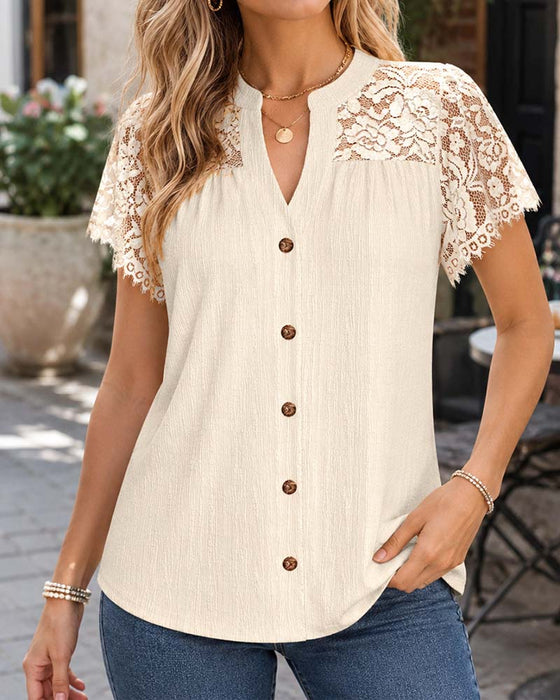 Blouse Col En V Bouton Dentelle Panneau