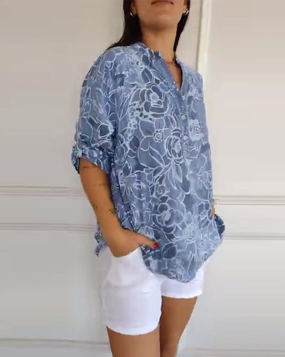 Blouse Col V Boutonnée Imprimée