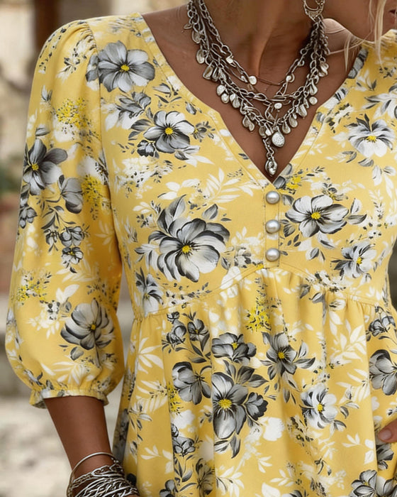 Blouse Col V 3/4 Manche Florale