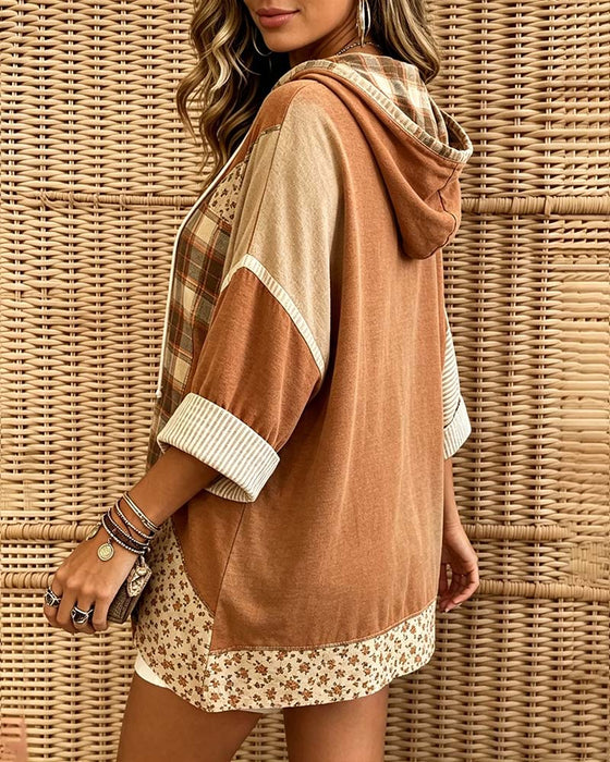 Hoodie Carreau Rayure Florale Patchwork