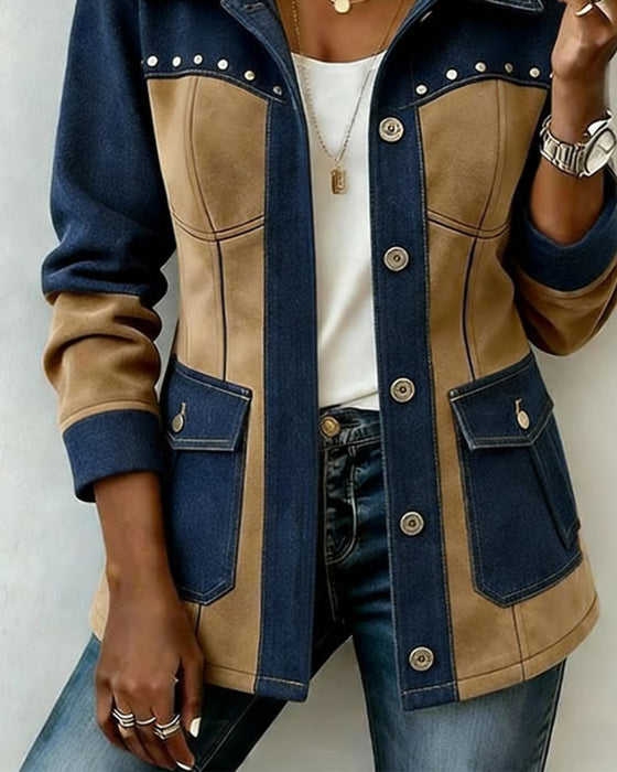 Manteau Capuche Fermeture Éclair Poche Denim Panneau