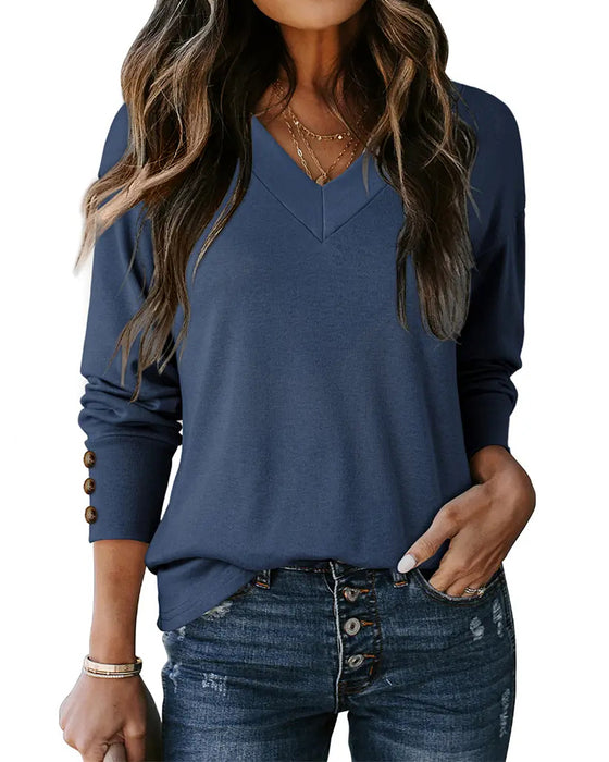 T-Shirt Poignet Bouton Col V Manche Longue