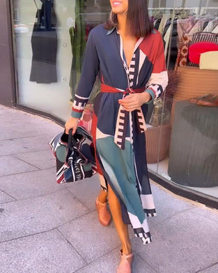 Robe décontractée à imprimé blocs de couleurs avec revers et lacets