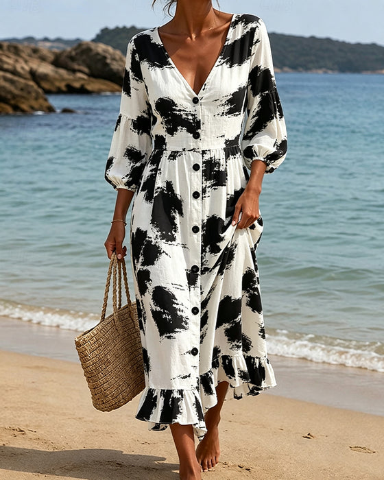 Robe Col V Bouton Bloc De Couleur
