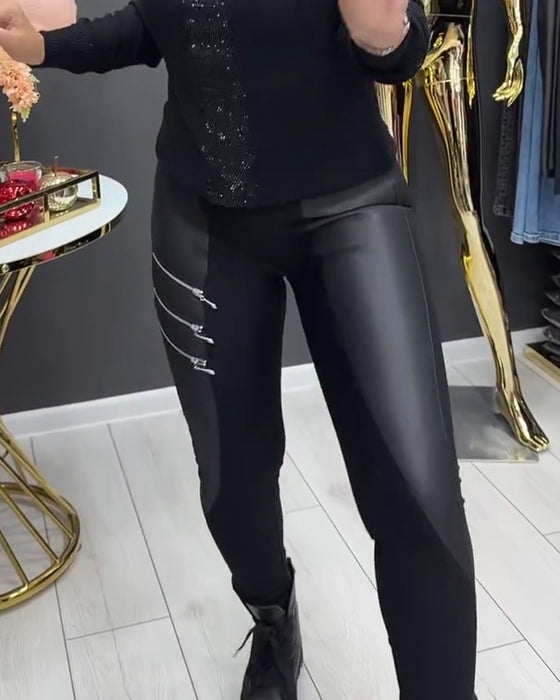 Legging PU Patchwork Fermeture Éclair Orné