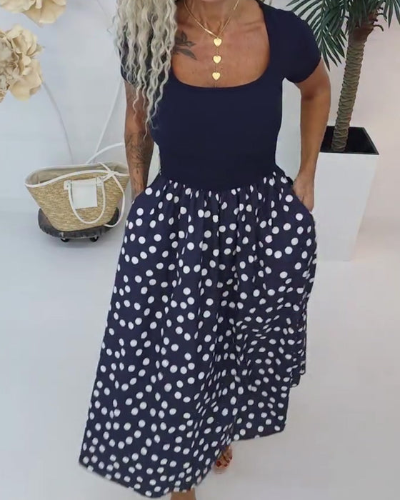 Robe Col Carré Polka Dot Patchwork