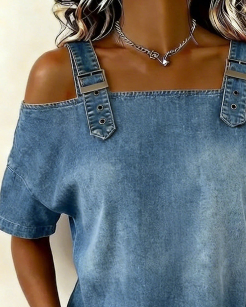 Robe Épaules Dégagées Boutonnée Denim