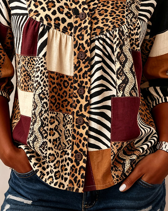 Blouse Léopard Bloc De Couleur Col V