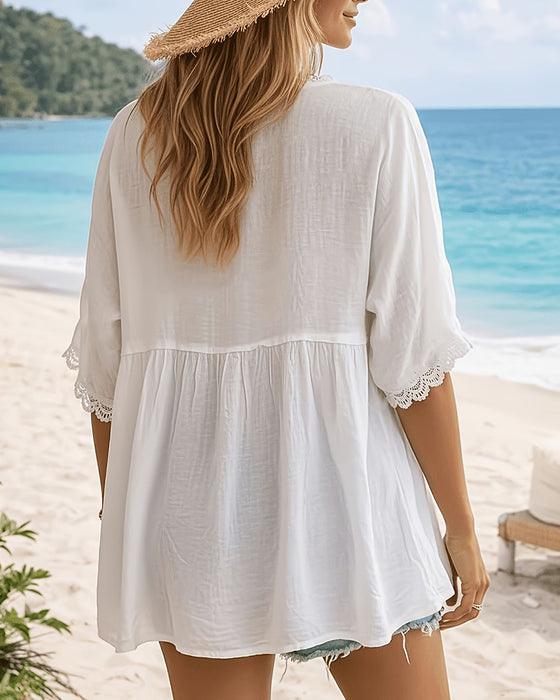 Blouse Col V À Boutons Manches Mi-Longues