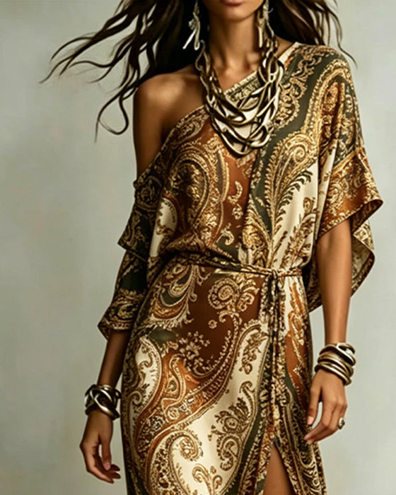 Robe Paisley Une Épaule Cravate Fente Maxi