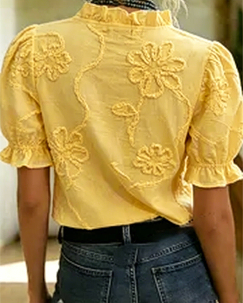 Blouse Col En V Bordure Volantée Manche Bouffante