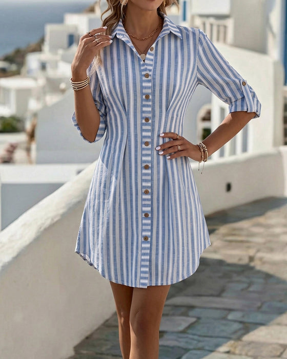 Robe Vertical Rayé Bouton Taille Chemise