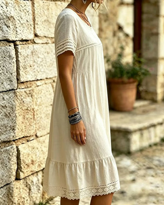 Robe Dentelle Volant Col-Rond Manche-Courte