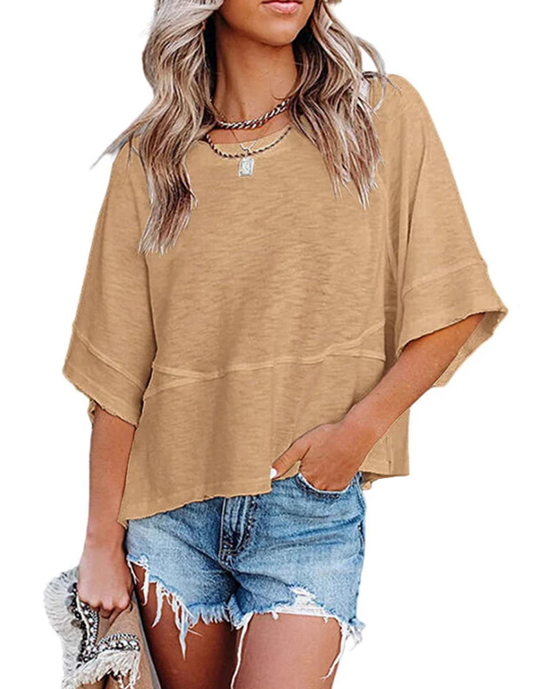 T-Shirt Sans Fente Rapiécé Uni Manche Cloche