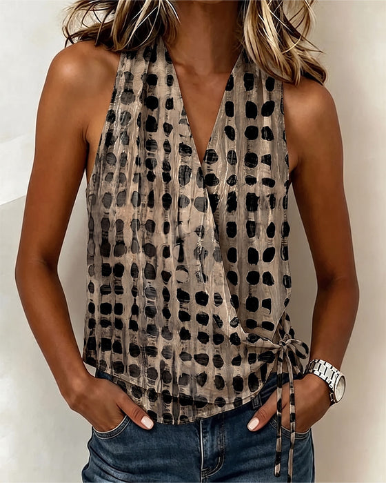 Blouse Col V Croisé Halter Pois Sans Manches
