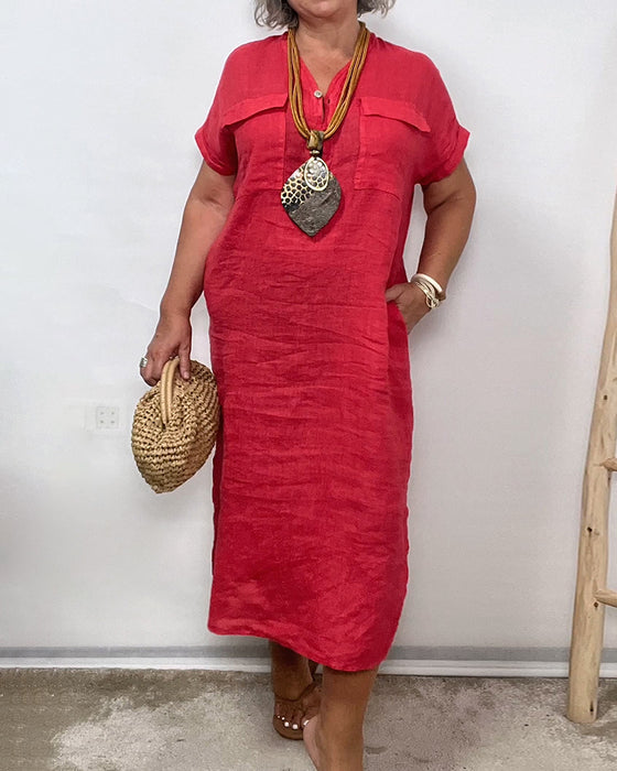 Robe Col V Bouton Poche Unie