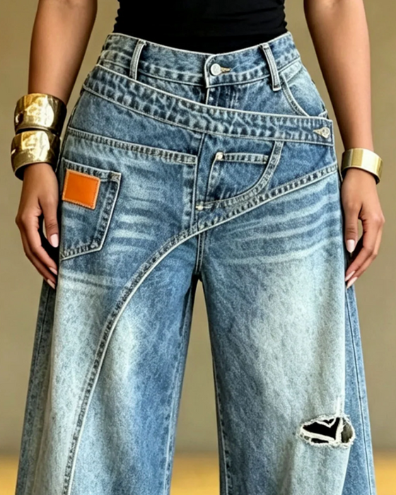 Pantalon Irrégulier Denim Déchiré Long