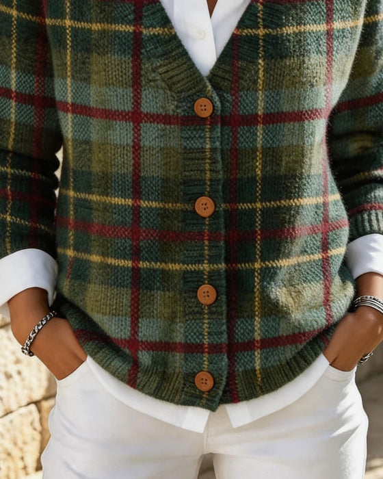 Cardigan Vintage À Carreaux Col V Bouton