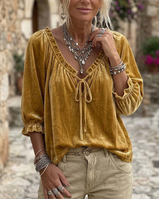 Blouse Cordon De Serrage Velours Manches Courtes