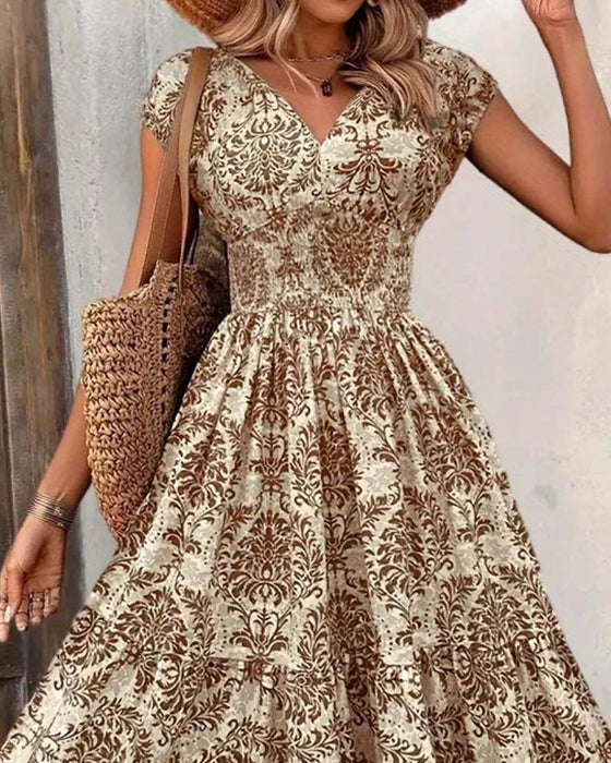 Robe Rétro Imprimé Col En V Taille Cintrée Longue