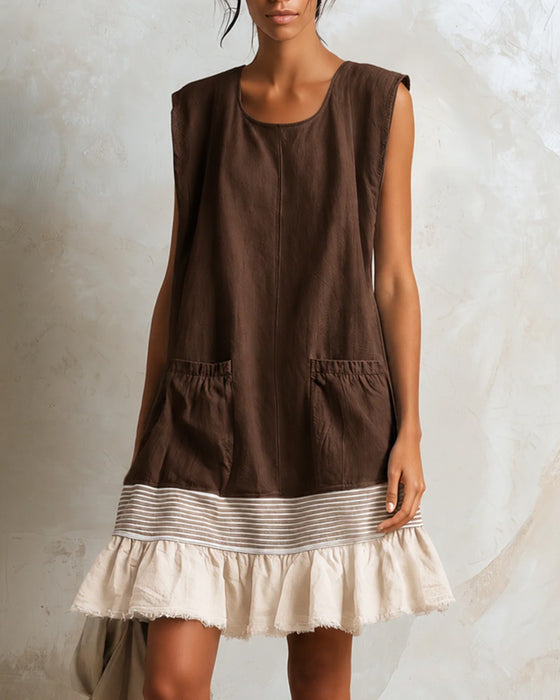 Robe Sans Manches Rayure Contraste Patchwork