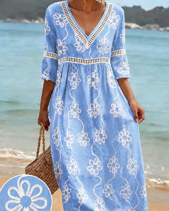 Robe Col En V Évidé Patchwork Fleuri Lâche