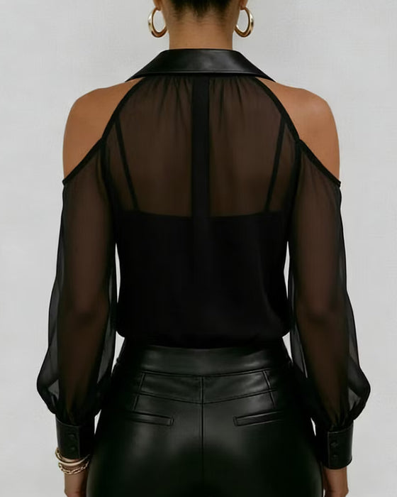 Haut Revers Boutonnage Épaule Nue Tulle