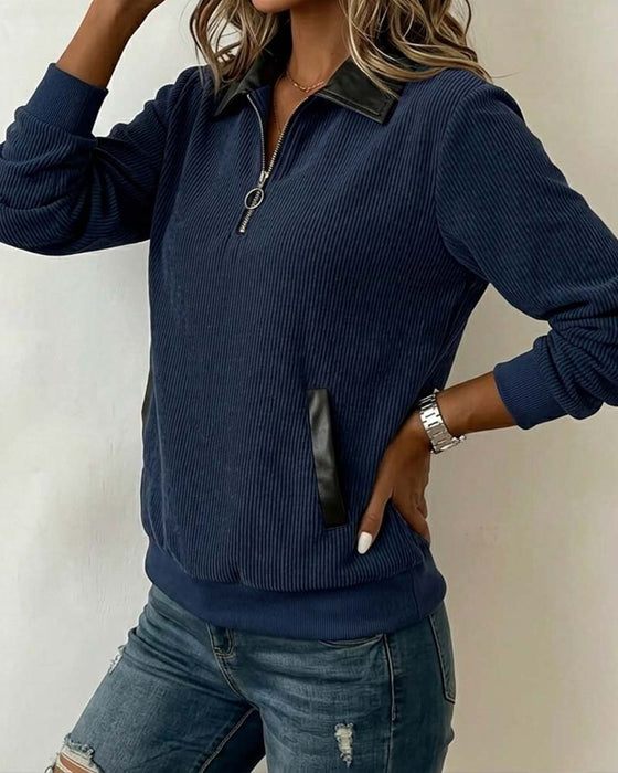 Sweatshirt Revers Fermeture Éclair Manche Longue
