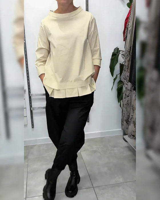 100% Coton Blouse Col Large Couleur Unie Décontracté