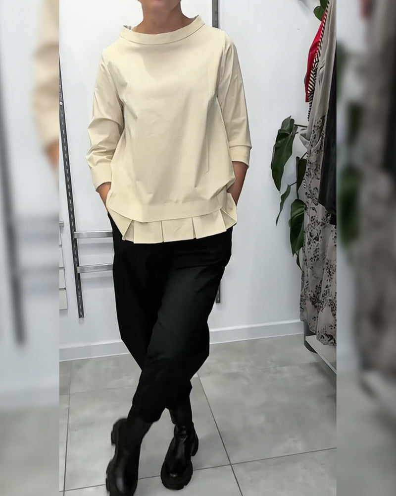 100% Coton Blouse Col Large Couleur Unie Décontracté