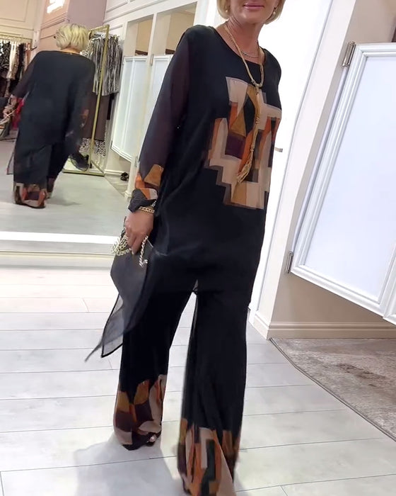 Costume Élégant À Manches Longues Imprimé Jambes Larges