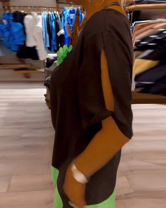 Robe ample à col rond et imprimé patchwork de couleurs