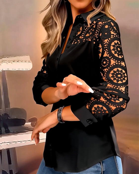 Blouse Couleur Unie Revers Dentelle Patchwork