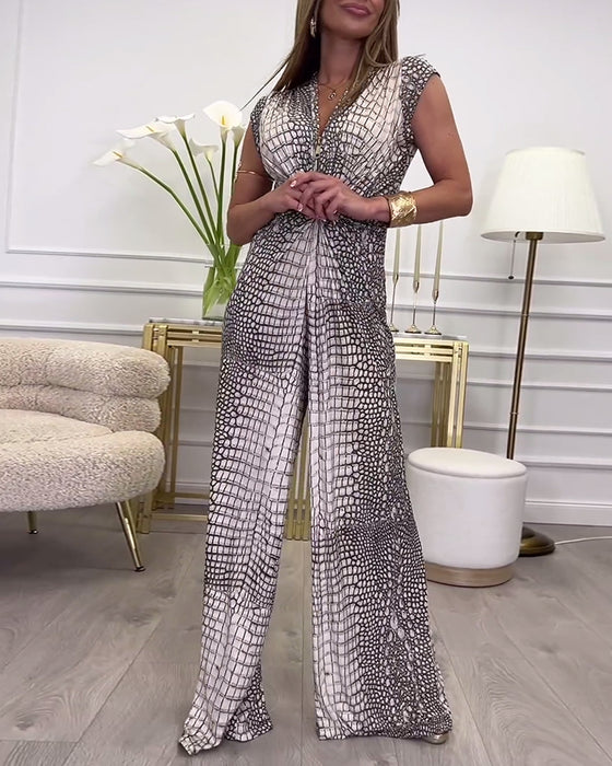 Combinaison sans manches imprimée torsadée en V profond