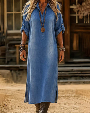 Robe Col Chemise Fente Décontractée