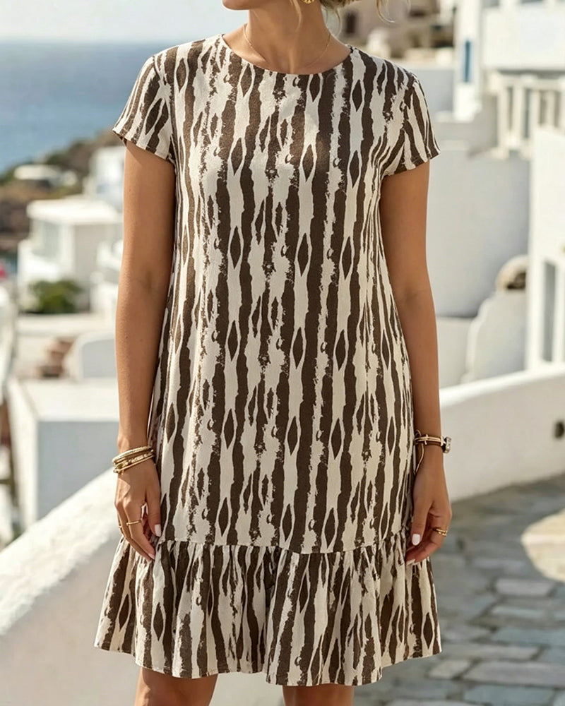 Robe Col Rond Imprimé Manches Courtes Coupe Trapèze