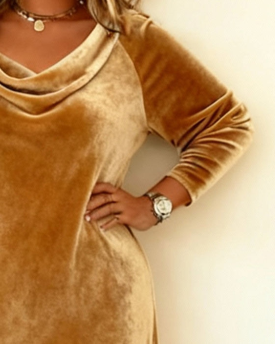 Robe Grande Taille À Col Drapé Et Manches Longues