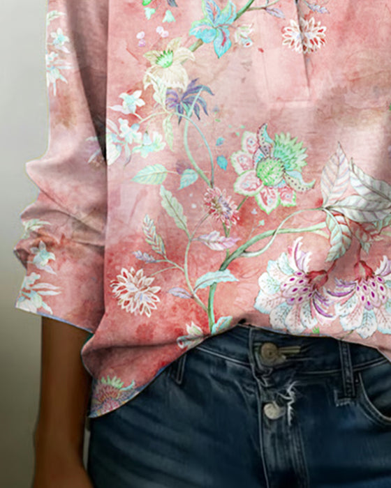 Blouse Col Monté Manches Longues Fleuri