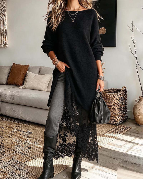 Robe Décontractée Dentelle Patchwork Uni