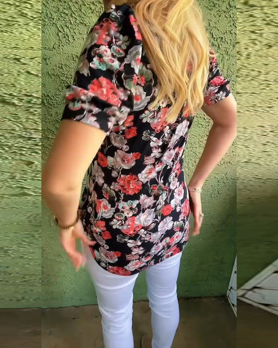 Chemisier Col rond Manche bouffante Plissé Fleuri