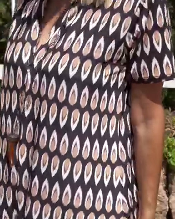 Robe Col En V Imprimée Manches Courtes Droite Maxi