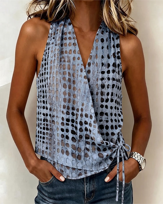 Blouse Col V Croisé Halter Pois Sans Manches
