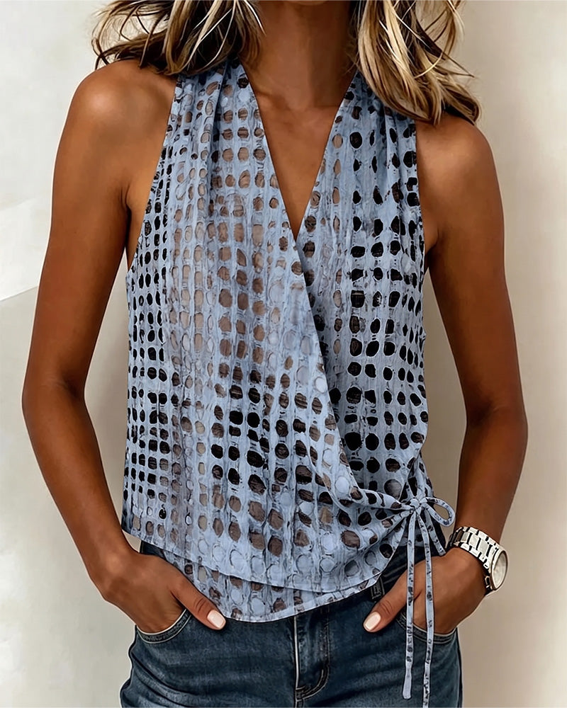 Blouse Col V Croisé Halter Pois Sans Manches