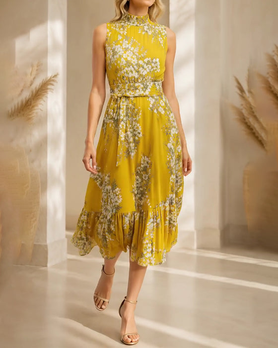 Robe Col Mock Sans Manches Cintrée Florale
