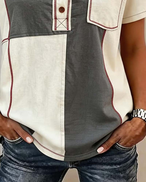 T-Shirt Couleur-Contraste Col-Rond Bouton Patchwork