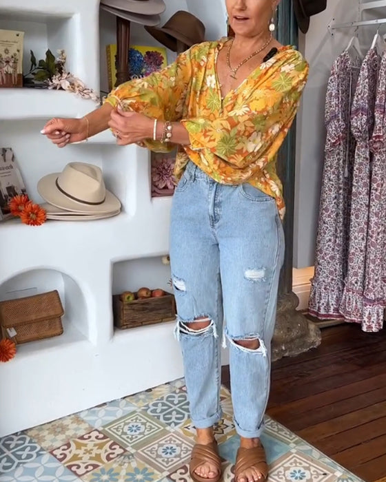 Blouse à imprimé fleuri col V