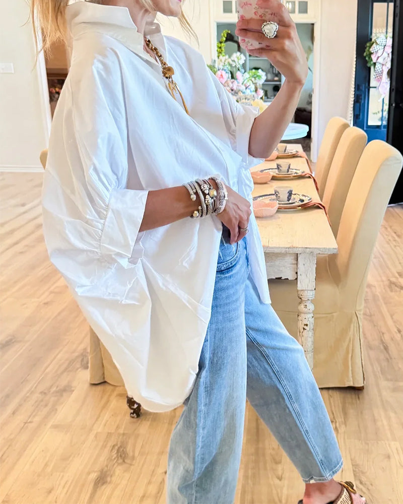 Blouse Coupe Lâche Épaule Descendante Blanche Manche Longue