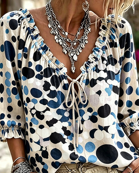 Blouse Col V À Pois À Lacets