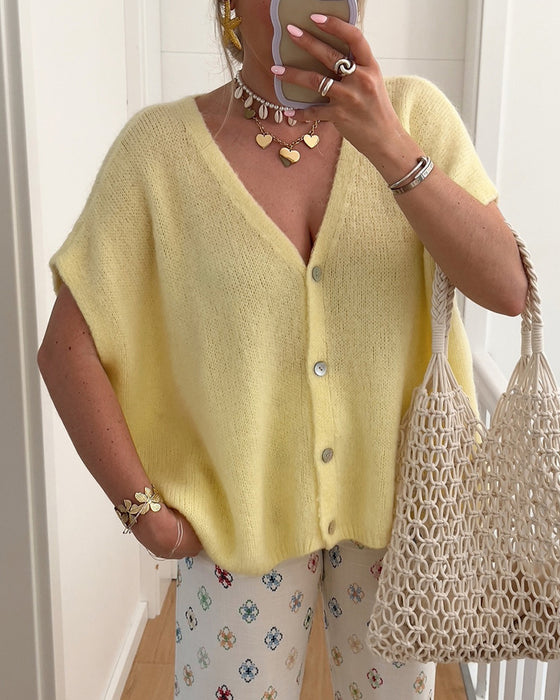 Cardigan Sans Manches Col En V Boutonnage Devant Pull