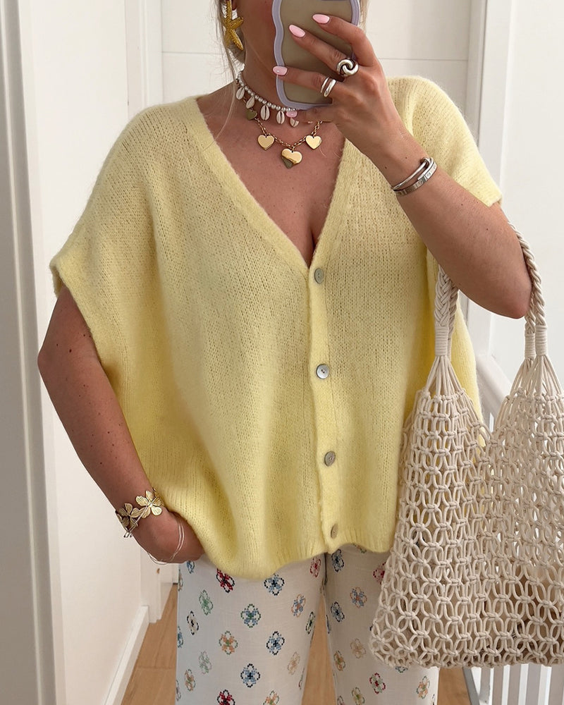 Cardigan Sans Manches Col En V Boutonnage Devant Pull